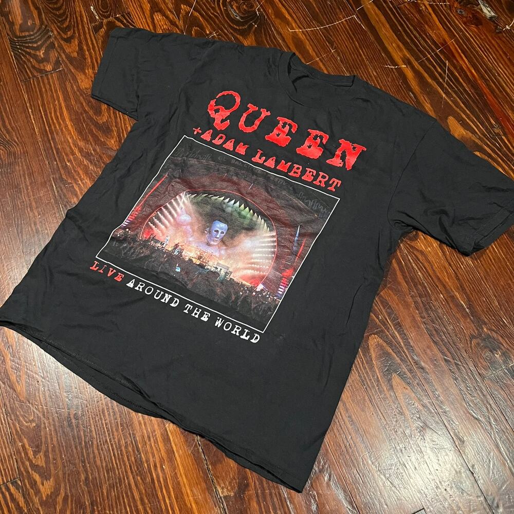Queen Adam Lambert Mens L 2020s Band Tour T Shirt Black Regular Fit